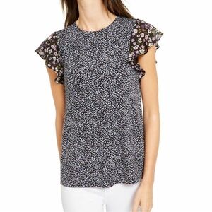 Michael Kors Black Floral Ruffle Top